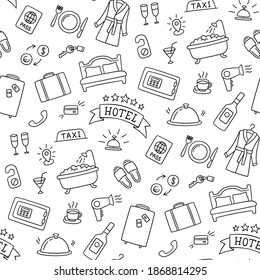 Hotel services hand drawn pattern. Bed, bath, safe, breakfast, bathrobe and other objects. Vector illustration in doodle style on white background