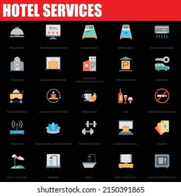 Hotel services Icon Pack, reception, double bed, single bed, free parking, car hire, room service, breakfast, bar, free wifi, fitness center, swower, bath and flat screen tv Icon