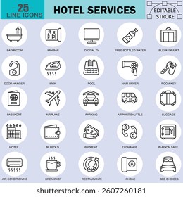 Hotel Services Icon Set – 25 Editable Line Vector Icons for Hospitality, Travel, Booking and More for Apps and UI Design