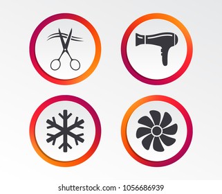 Hotel services icons. Air conditioning, Hairdryer and Ventilation in room signs. Climate control. Hairdresser or barbershop symbol. Infographic design buttons. Circle templates. Vector