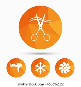 Hotel services icons. Air conditioning, Hairdryer and Ventilation in room signs. Climate control. Hairdresser or barbershop symbol. Triangular low poly buttons with shadow. Vector