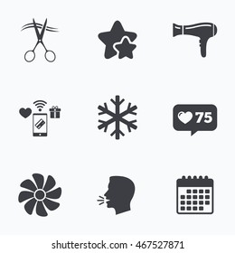 Hotel services icons. Air conditioning, Hairdryer and Ventilation in room signs. Climate control. Hairdresser or barbershop symbol. Flat talking head, calendar icons. Stars, like counter icons. Vector