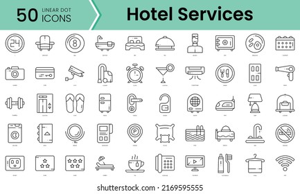 servicios de hotel Icons bundle. Iconos de estilo punto lineal. Ilustración del vector