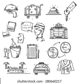 Hotel Services icons doodle hand drawn style concept vacation summer travel.