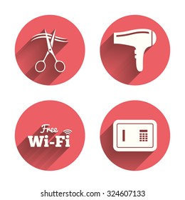 Hotel services icons. Hairdryer and deposit lock in room signs. Wireless Network. Hairdresser or barbershop symbol. Pink circles flat buttons with shadow. Vector