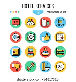 Hotel services icons. Modern thin line icons set. Premium quality. Outline symbols, graphic elements collection, flat line icons for web design, mobile apps, ui, infographics. Vector illustration