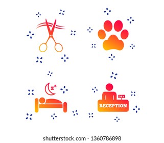 Hotel services icons. With pets allowed in room signs. Hairdresser or barbershop symbol. Reception registration table. Quiet sleep. Random dynamic shapes. Gradient hotel icon. Vector