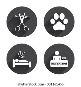 Hotel services icons. With pets allowed in room signs. Hairdresser or barbershop symbol. Reception registration table. Quiet sleep. Circles buttons with long flat shadow. Vector