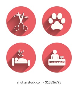 Hotel services icons. With pets allowed in room signs. Hairdresser or barbershop symbol. Reception registration table. Quiet sleep. Pink circles flat buttons with shadow. Vector