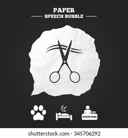 Hotel services icons. With pets allowed in room signs. Hairdresser or barbershop symbol. Reception registration table. Quiet sleep. Paper speech bubble with icon.