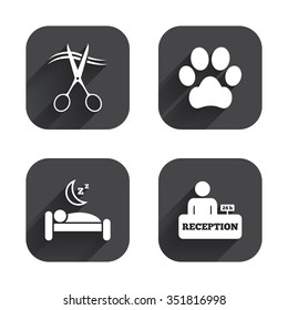 Hotel services icons. With pets allowed in room signs. Hairdresser or barbershop symbol. Reception registration table. Quiet sleep. Square flat buttons with long shadow.