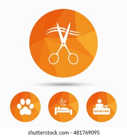 Hotel services icons. With pets allowed in room signs. Hairdresser or barbershop symbol. Reception registration table. Quiet sleep. Triangular low poly buttons with shadow. Vector