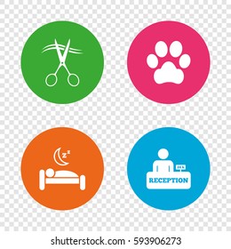 Hotel services icons. With pets allowed in room signs. Hairdresser or barbershop symbol. Reception registration table. Quiet sleep. Round buttons on transparent background. Vector