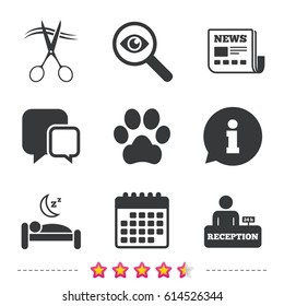 Hotel services icons. With pets allowed in room signs. Hairdresser or barbershop symbol. Reception registration table. Quiet sleep. Newspaper, information and calendar icons. Vector