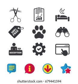Hotel services icons. With pets allowed in room signs. Hairdresser or barbershop symbol. Reception registration table. Quiet sleep. Browser window, Report and Service signs. Vector