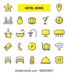 Hotel services icons set. Vector flat line illustrations.
