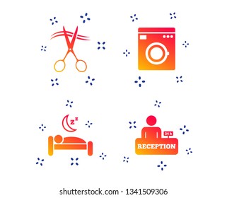 Hotel services icons. Washing machine or laundry sign. Hairdresser or barbershop symbol. Reception registration table. Quiet sleep. Random dynamic shapes. Gradient hotel icon. Vector