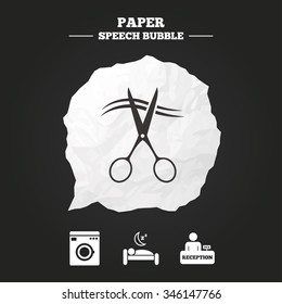 Hotel services icons. Washing machine or laundry sign. Hairdresser or barbershop symbol. Reception registration table. Quiet sleep. Paper speech bubble with icon.
