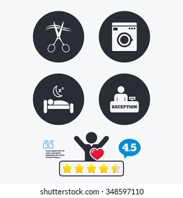 Hotel services icons. Washing machine or laundry sign. Hairdresser or barbershop symbol. Reception registration table. Quiet sleep. Star vote ranking. Client like and think bubble.