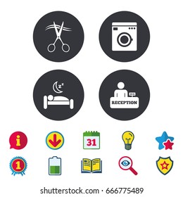 Hotel services icons. Washing machine or laundry sign. Hairdresser or barbershop symbol. Reception registration table. Quiet sleep. Calendar, Information and Download signs. Vector