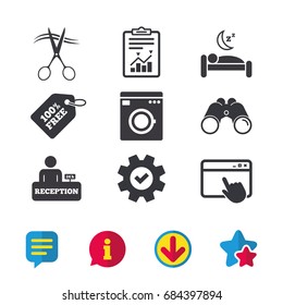 Hotel services icons. Washing machine or laundry sign. Hairdresser or barbershop symbol. Reception registration table. Quiet sleep. Browser window, Report and Service signs. Vector