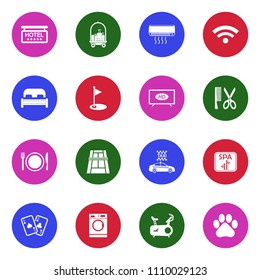 Hotel Services Icons. White Flat Design In Circle. Vector Illustration. 