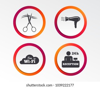 Hotel services icons. Wi-fi, Hairdryer in room signs. Wireless Network. Hairdresser or barbershop symbol. Reception registration table. Infographic design buttons. Circle templates. Vector