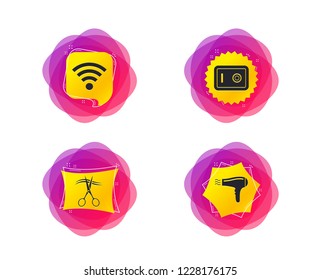 Hotel services icons. Wi-fi, Hairdryer and deposit lock in room signs. Wireless Network. Hairdresser or barbershop symbol. Geometric gradient sales shapes. Creative banners. Template for design