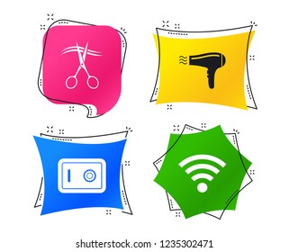 Hotel services icons. Wi-fi, Hairdryer and deposit lock in room signs. Wireless Network. Hairdresser or barbershop symbol. Geometric colorful tags. Banners with flat icons. Trendy design. Vector