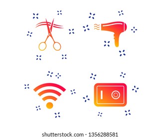 Hotel services icons. Wi-fi, Hairdryer and deposit lock in room signs. Wireless Network. Hairdresser or barbershop symbol. Random dynamic shapes. Gradient wifi icon. Vector