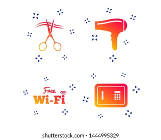 Hotel services icons. Wi-fi, Hairdryer and deposit lock in room signs. Wireless Network. Hairdresser or barbershop symbol. Random dynamic shapes. Gradient wi-fi icon. Vector