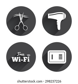 Hotel services icons. Wi-fi, Hairdryer and deposit lock in room signs. Wireless Network. Hairdresser or barbershop symbol. Circles buttons with long flat shadow. Vector