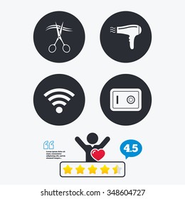 Hotel services icons. Wi-fi, Hairdryer and deposit lock in room signs. Wireless Network. Hairdresser or barbershop symbol. Star vote ranking. Client like and think bubble. Quotes with message.