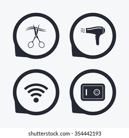 Hotel services icons. Wi-fi, Hairdryer and deposit lock in room signs. Wireless Network. Hairdresser or barbershop symbol. Flat icon pointers.