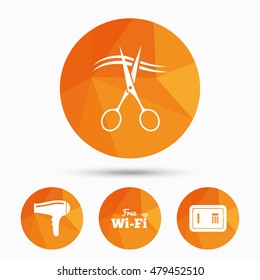 Hotel services icons. Wi-fi, Hairdryer and deposit lock in room signs. Wireless Network. Hairdresser or barbershop symbol. Triangular low poly buttons with shadow. Vector
