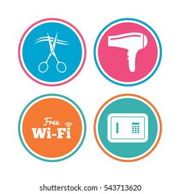 Hotel services icons. Wi-fi, Hairdryer and deposit lock in room signs. Wireless Network. Hairdresser or barbershop symbol. Colored circle buttons. Vector