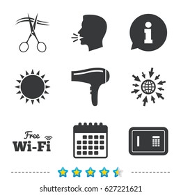 Hotel services icons. Wi-fi, Hairdryer and deposit lock in room signs. Wireless Network. Hairdresser or barbershop symbol. Information, go to web and calendar icons. Sun and loud speak symbol. Vector