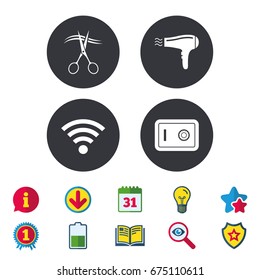 Hotel services icons. Wi-fi, Hairdryer and deposit lock in room signs. Wireless Network. Hairdresser or barbershop symbol. Calendar, Information and Download signs. Stars, Award and Book icons