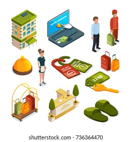 Hotel services. Isometric illustrations. Reception to motel, lobby and tag do not disturb vector
