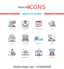 Hotel services - line design style icons set. Tourist information, options available for travelers. Reception, location, vacation time, cafe, twin and single room, parking, spa, swimming pool, gym