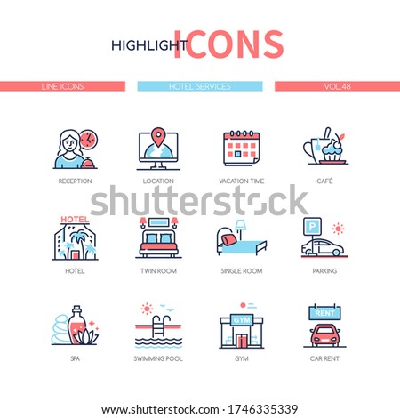 Hotel services - line design style icons set. Tourist information, options available for travelers. Reception, location, vacation time, cafe, twin and single room, parking, spa, swimming pool, gym