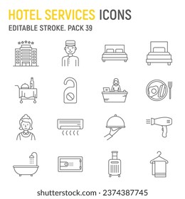 Hotel-Dienstleistungen-Linie-Symbol Satz, Tourismus-Sammlung, Vektorgrafiken, Logo-Illustrationen, Hotel-Vektorsymbole, Reisezeichen, Umrisspiktogramme, bearbeitbarer Strich