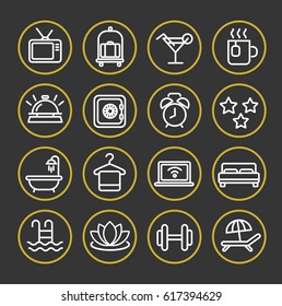 Hotel services. Line icon set.