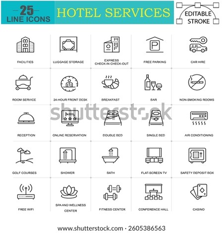 Hotel Services Line Icons || 25 Editable Stroke Icons for Booking, Amenities Tourism, Hospitality and Accommodation