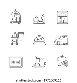 Hotel services linear icons set. Porter service for helping customers. Car parking for visitors. Customizable thin line contour symbols. Isolated vector outline illustrations. Editable stroke