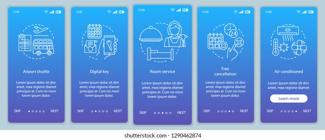 Hotel services onboarding mobile app page screen vector template. Airport shuttle, free cancellation. Walkthrough website steps with linear illustrations. UX, UI, GUI smartphone interface concept
