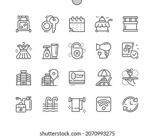 Hotel Services. Ordering food, length of stay, room key. Hotel location. Swimming pool. Do not disturb. Booking and reservation. Pixel Perfect Vector Thin Line Icons. Simple Minimal Pictogram