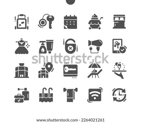 Hotel services. Ordering food, length of stay, room key. Hotel location. Swimming pool. Do not disturb. Booking and reservation. Vector Solid Icons. Simple Pictogram