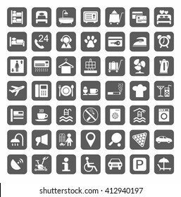 Hotel, hotel services, plain gray icons. Vector, monochrome icons of hotel services. White image on a gray background. Flat style. 