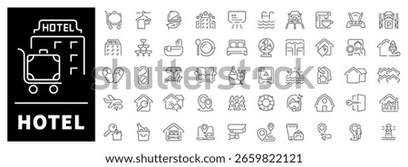 Hotel services, room features, amenities, and booking icons clean 50-icon linear set